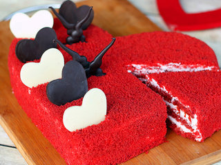 Sliced View of Heart Shaped Red Velvet Cake